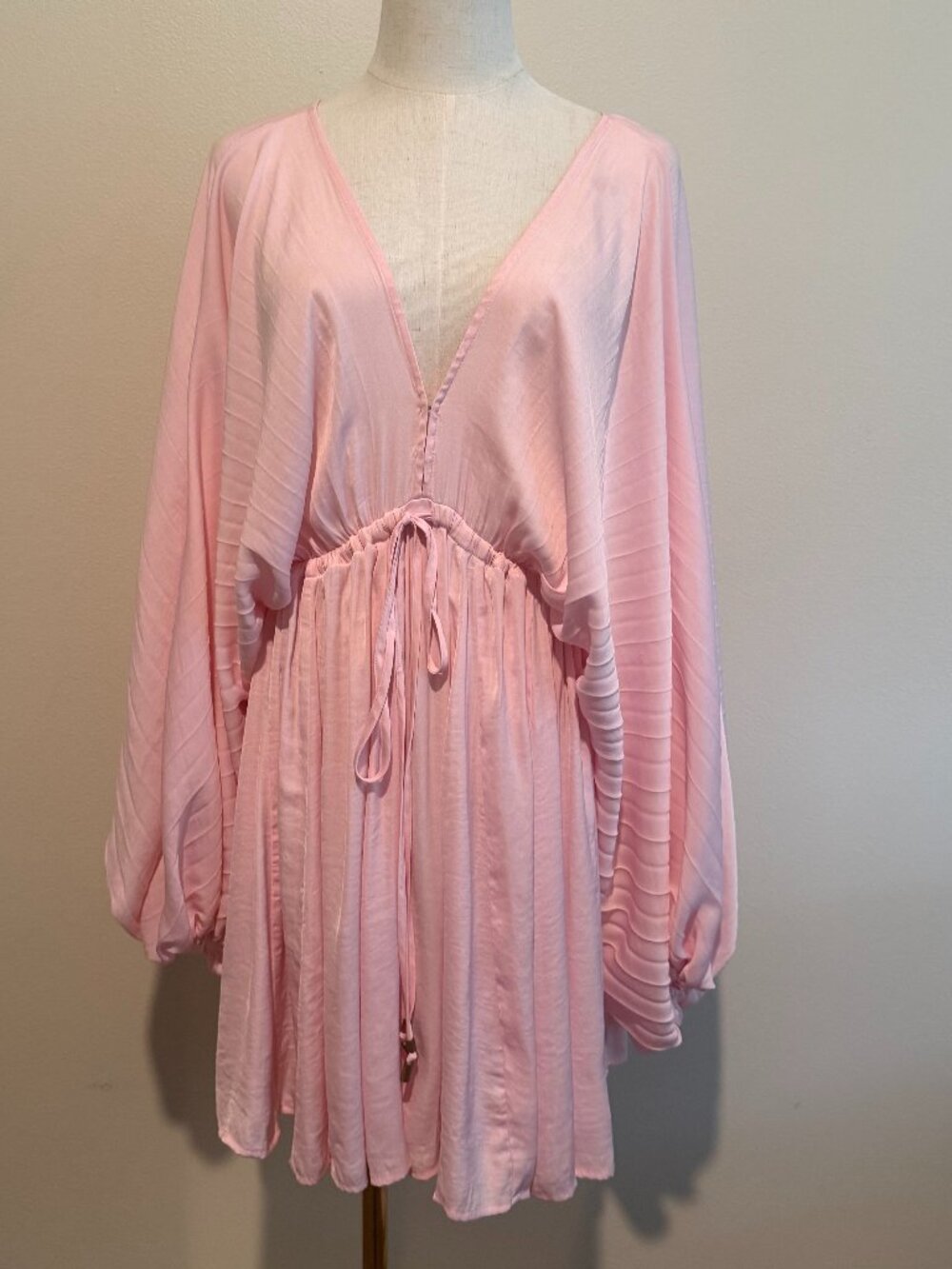 Free People Pink Boho Pleated Long Sleeve Mini Slip Dress S - Picture 2 of 8